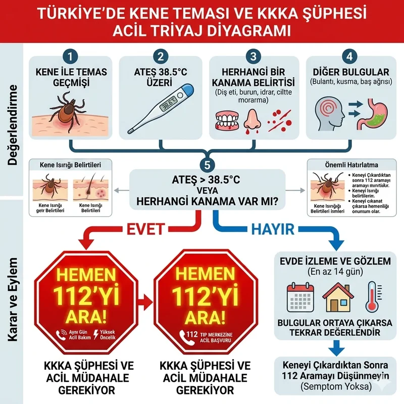 Kene temasi sonrasi 38.5 C ustu ates ve kanama icin 112 triaj karar tablosu