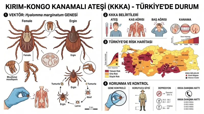 KKKA Kırım Kongo belirtileri, Hyalomma marginatum ve Türkiye risk haritasini bir arada gosteren tıbbi kapak görseli