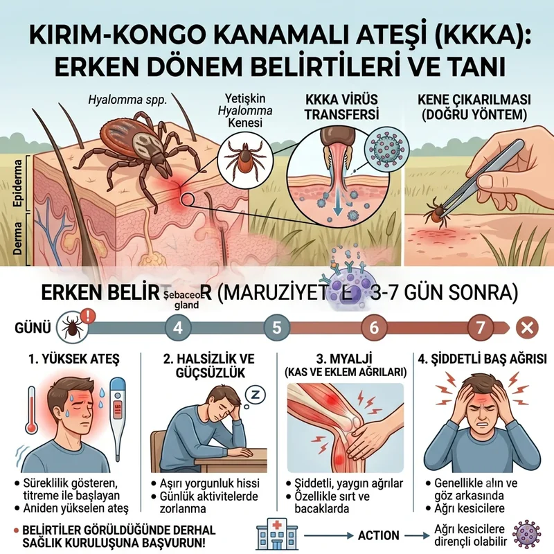 KKKA faz 1: ateş, halsizlik, miyalji ve baş ağrısı bulgularını gösteren klinik poster