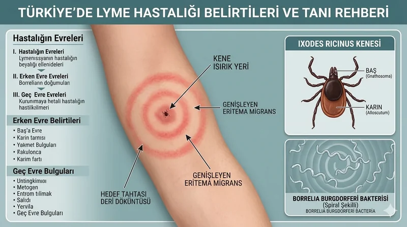 Lyme hastalığı belirtisi olan hedef tahtası benzeri erythema migrans ve kene vektörünü anlatan tıbbi kapak görseli