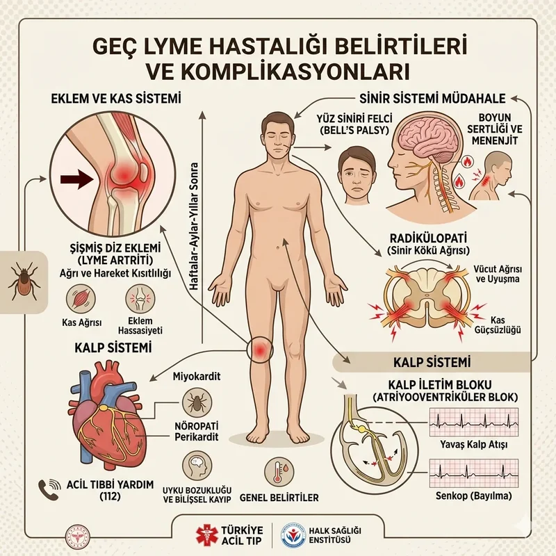 Lyme geç dönem bulguları: diz şişliği, yüz felci, kalp bloğu ve meningit riskini anlatan klinik görsel