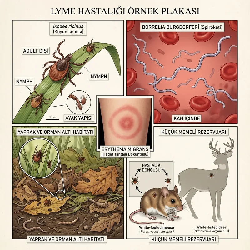 Borrelia burgdorferi ve Ixodes ricinus için specimen plate tarzı bilimsel eğitim görseli