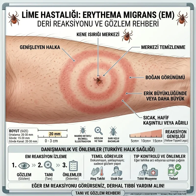 Erythema migrans — ciltte halkalı, hedef tahtası benzeri genişleyen kızarıklık