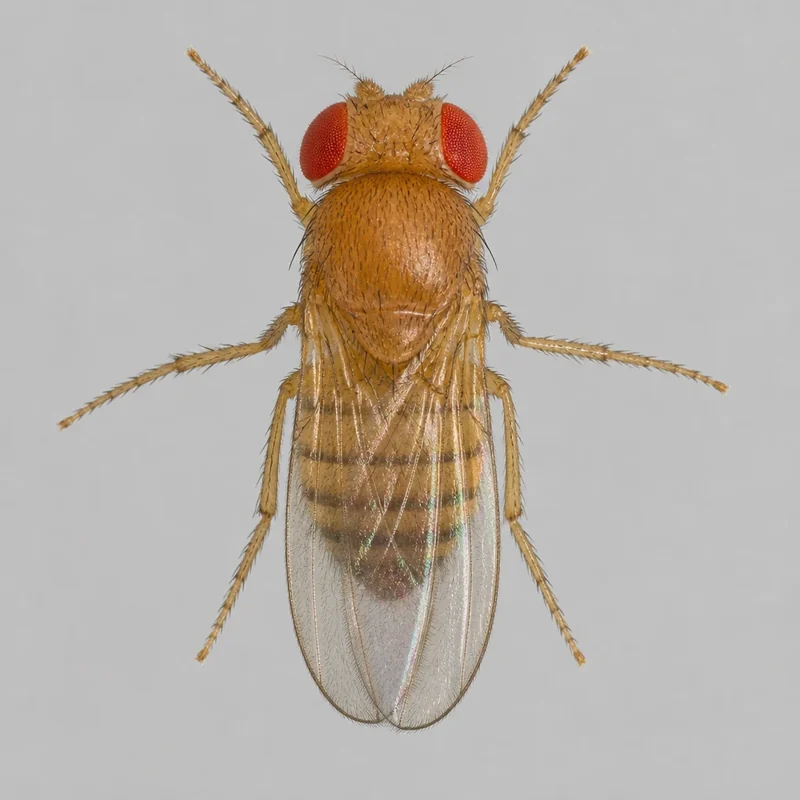 Meyve sineği (Drosophila melanogaster) erişkininin kırmızı bileşik göz, tek çift kanat ve altı bacak anatomisi