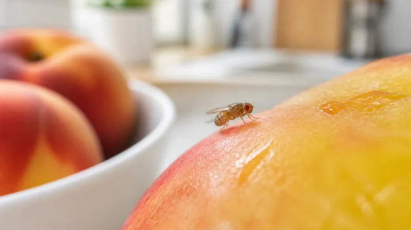 Meyve sineği (Drosophila melanogaster), olgun meyve üzerinde kırmızı gözleri ve küçük sarı-kahverengi gövdesiyle