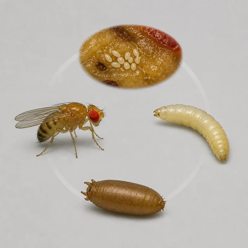 Meyve sineğinin yumurta, larva, pupa ve erişkin evrelerini gösteren bilimsel yaşam döngüsü