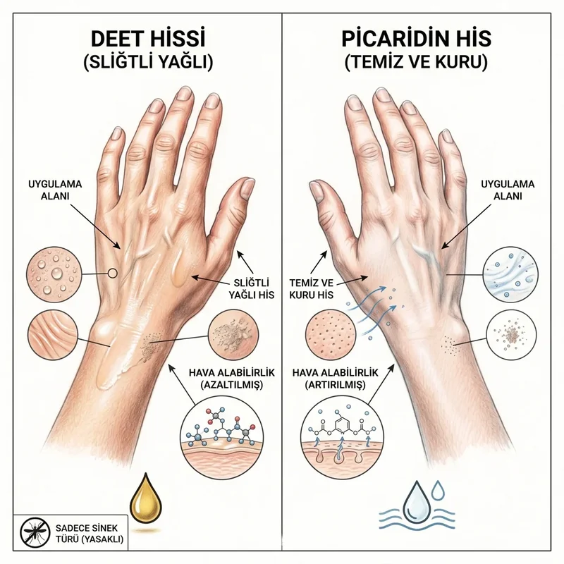 DEET yağlı his bırakabilir, picaridin daha temiz hissedilir