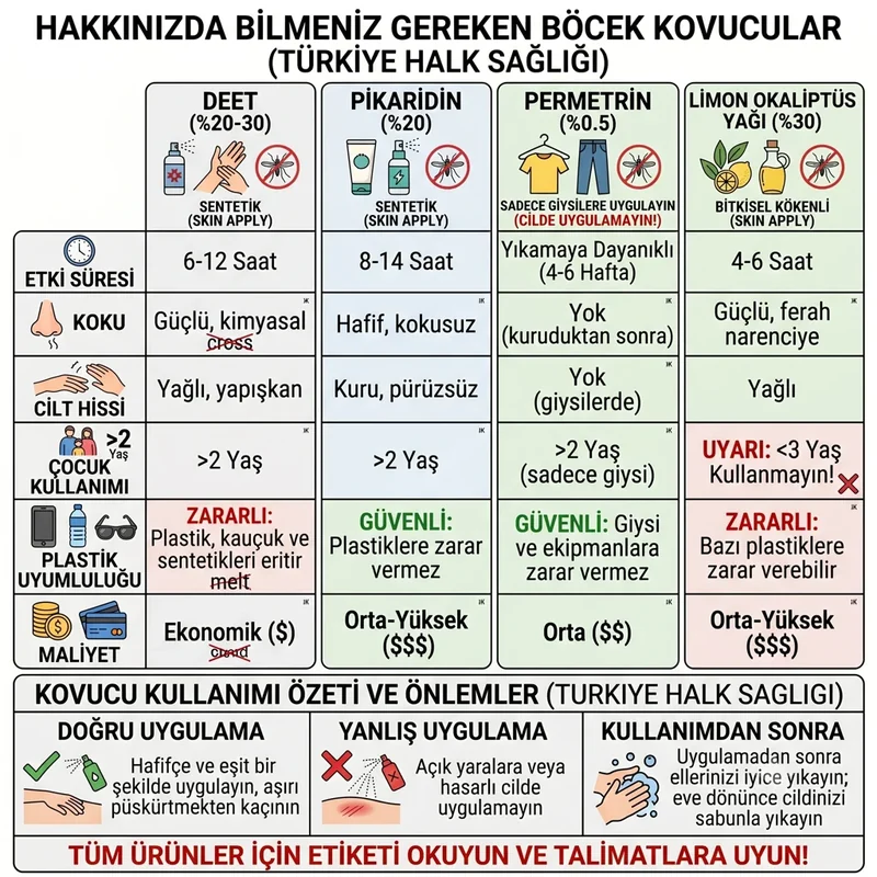 DEET, picaridin, permetrin ve OLE karşılaştırma tablosu için bilimsel infografik
