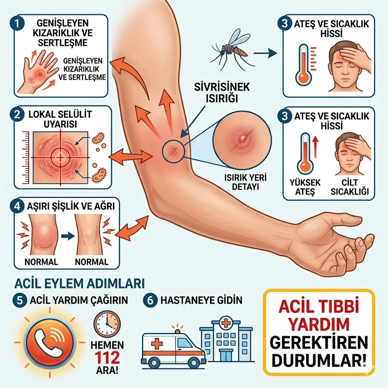 Yayılan kızarıklık, ateş ve lokal selülit gibi acil uyarı işaretlerini gösteren tıbbi görsel