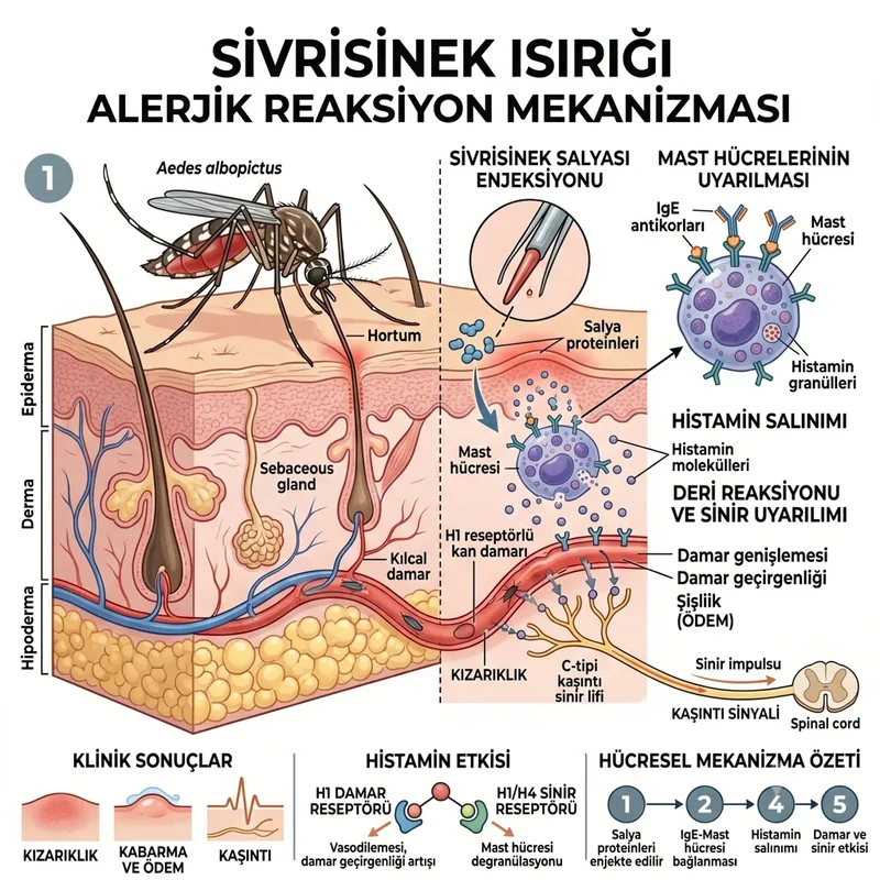 Sivrisinek tükürük proteini, mast hücresi ve histamin salınımı sürecini gösteren eğitim görseli