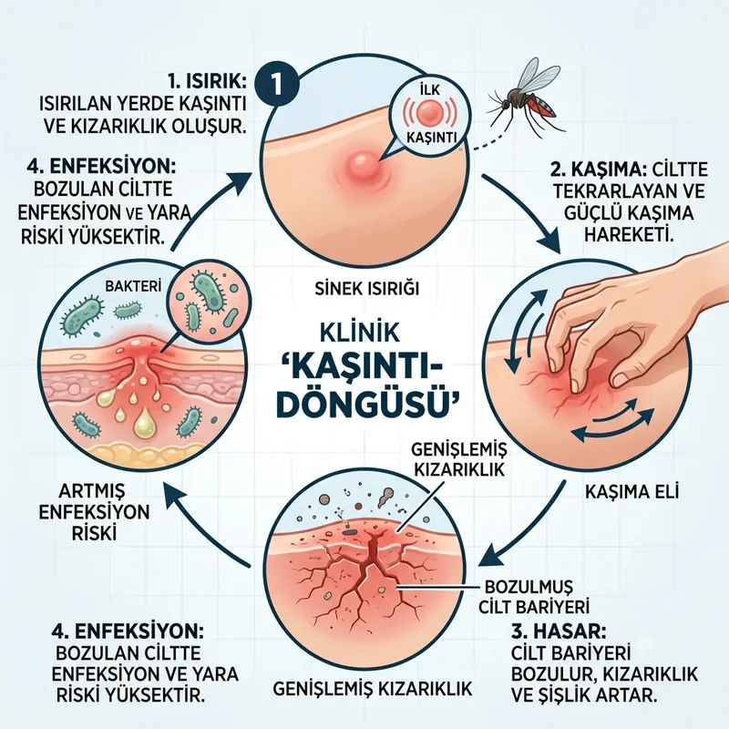 Kaşıma ile artan kızarıklık, tahriş ve cilt bariyerinin bozulmasını anlatan klinik uyarı görseli