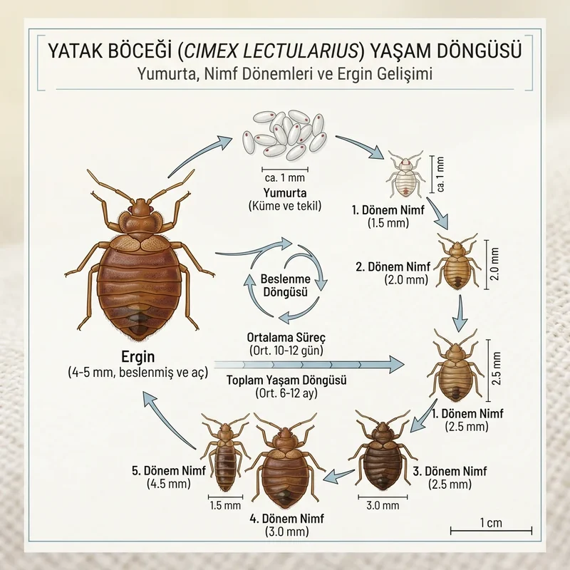 Tahtakurusu yaşam döngüsü: yumurta, beş nimf evresi ve yetişkin Cimex lectularius aşamaları
