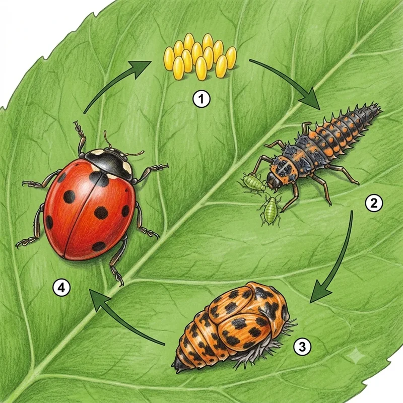 Uğur böceği yaşam döngüsü — yumurta, larva, pupa, yetişkin