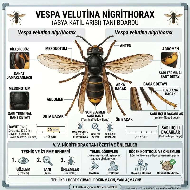 Sahada ilk işaret Vespa velutina morfolojisi — sarı bacak ucu ve karın deseni