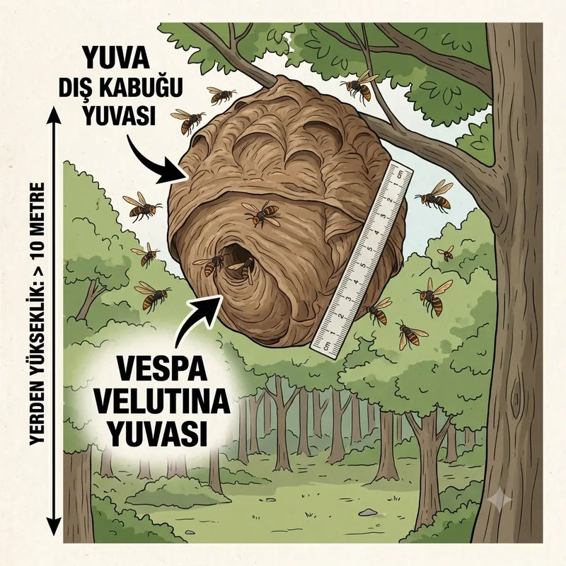 Yüksek yuva Vespa velutina yuvası — yüksek ağaç dalında küresel yapı